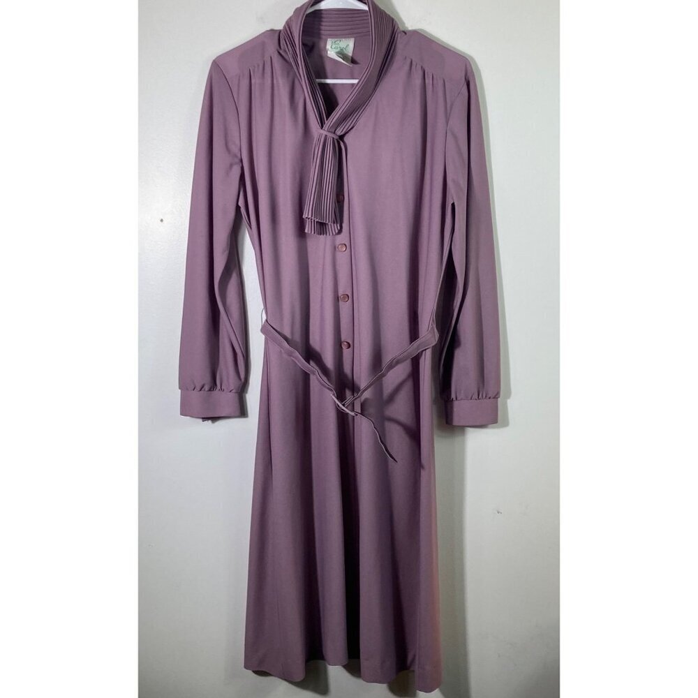 Womens Ina Carol‎ Vintage USA Ascot Neck Bow Belted Pleated Dress Purple 14